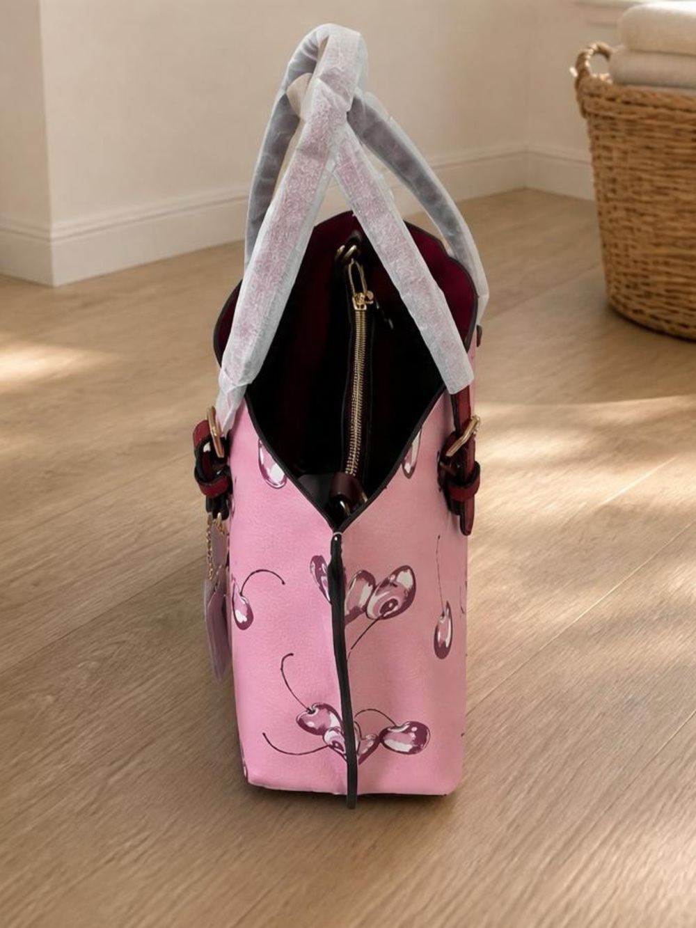 Coach Pink Cherry-Print Tote with Red Trim - Picture 5 of 6